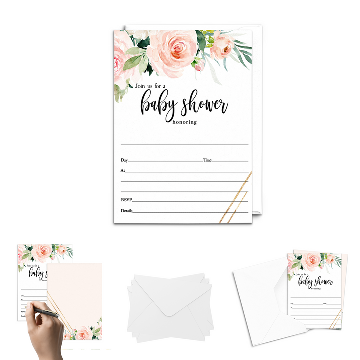 Graceful Floral Baby Shower Invitations Girls, Blank Rustic Invites with Envelopes, DIY 5x7 Cards Blush and Greenery, 25 Pack - Paper Clever Party