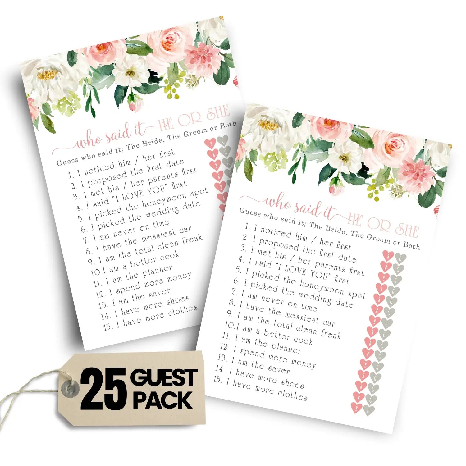 Graceful floral bridal shower games - 25 cards - he said she game what did the bride and groom say guess who wedding
