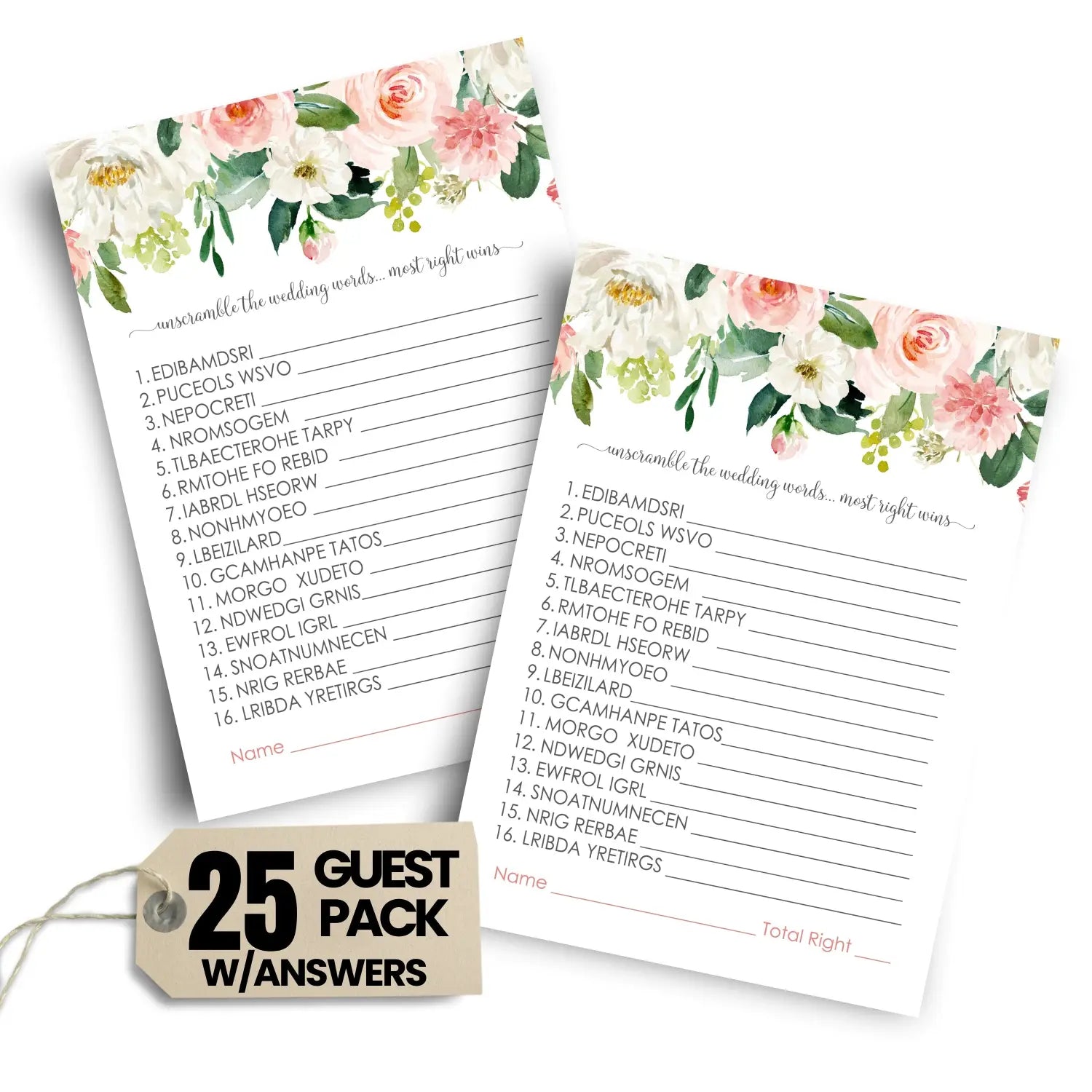 Graceful floral bridal shower games - 25 cards - wedding word scramble game fun guess activity for guests engagement