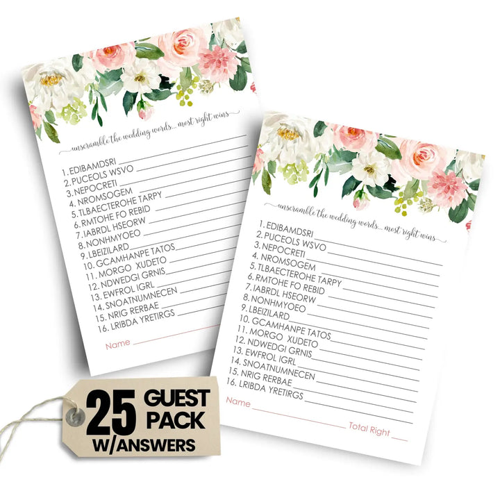 Graceful Floral Bridal Shower Games - 25 Cards - Wedding Word Scramble Game Fun Guess Activity for Guests Engagement Party, Rehearsal Dinner, Pink and Gold Greenery Design