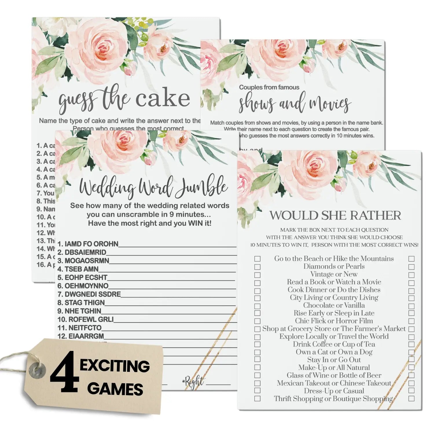 Graceful floral bridal shower games (25 each) would she rather guess the cake word scramble famous pairs fun wedding
