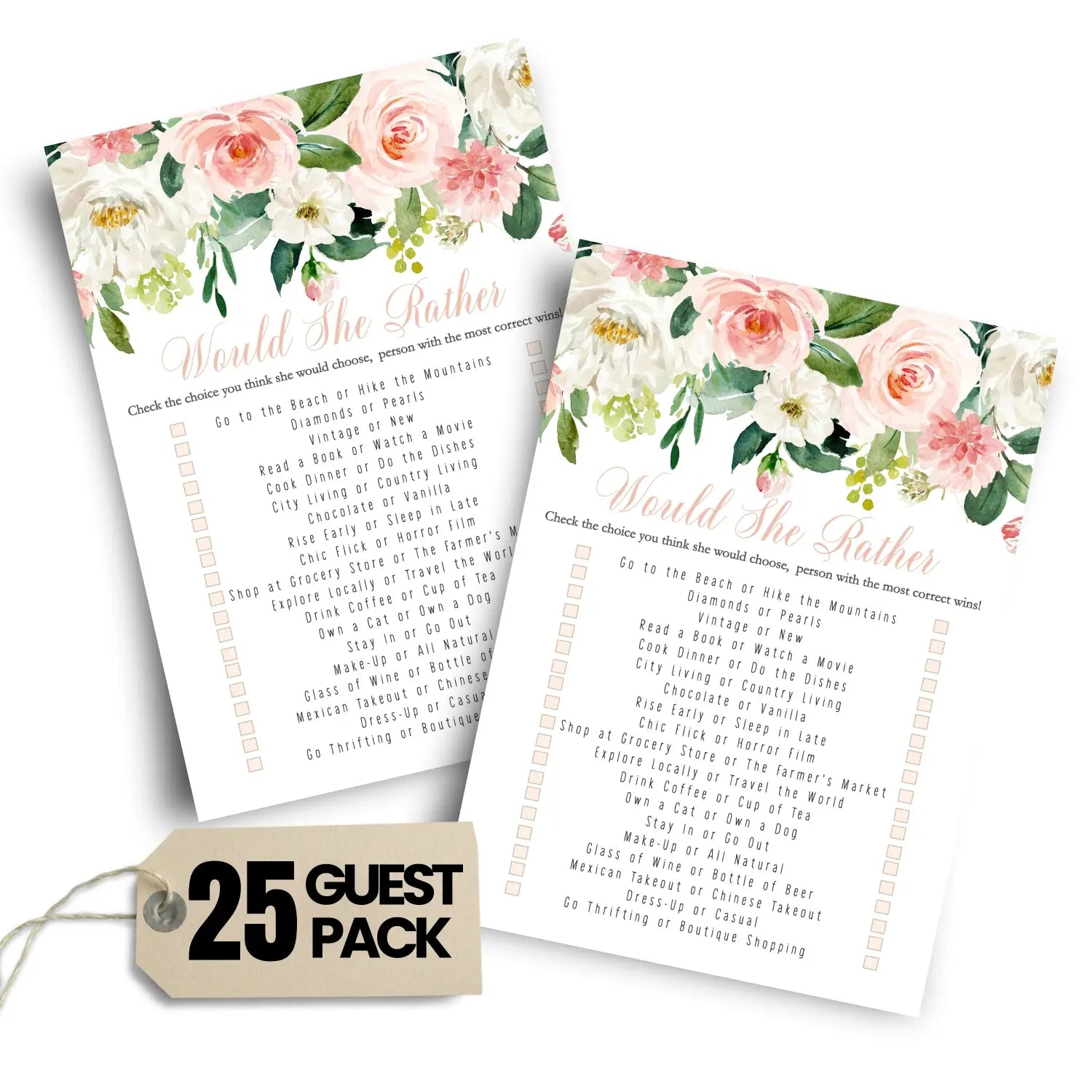 Graceful floral bridal shower games – 25 cards - who knows bride best game would she rather wedding reception