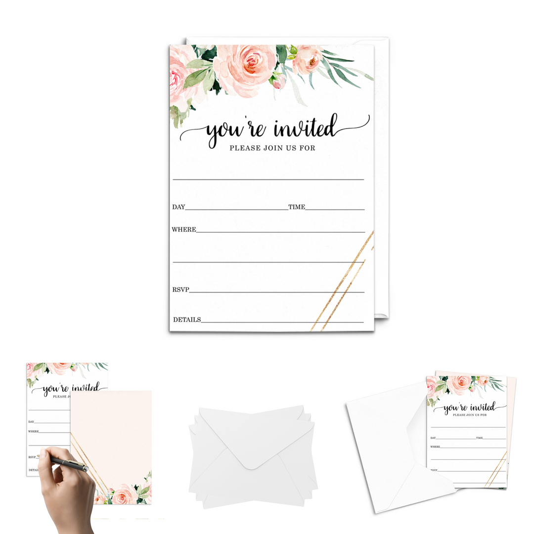 Graceful Floral Invitations with Envelopes, 25 Pack, 5x7 Blank Cards for All Occasions - Paper Clever Party