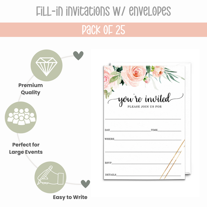 Graceful Floral Invitations with Envelopes, 25 Pack, 5x7 Blank Cards for All Occasions - Paper Clever Party