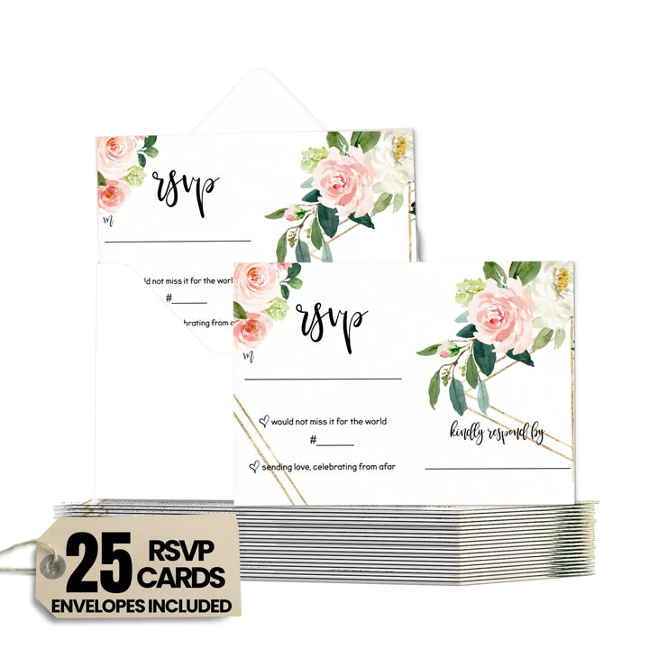 Graceful Greenery Pink Gold Floral RSVP Cards - Wedding Response Set, 3.5x5, Envelopes Included, 25 Pack