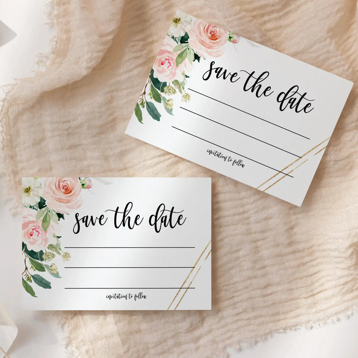 Graceful Floral Save the Date Cards with Envelopes - 25 Pack - 3.5x5 All Occasion Invitation Cards in Greenery, Blush and Gold - Perfect for Wedding Invitations, Birthdays, Graduations