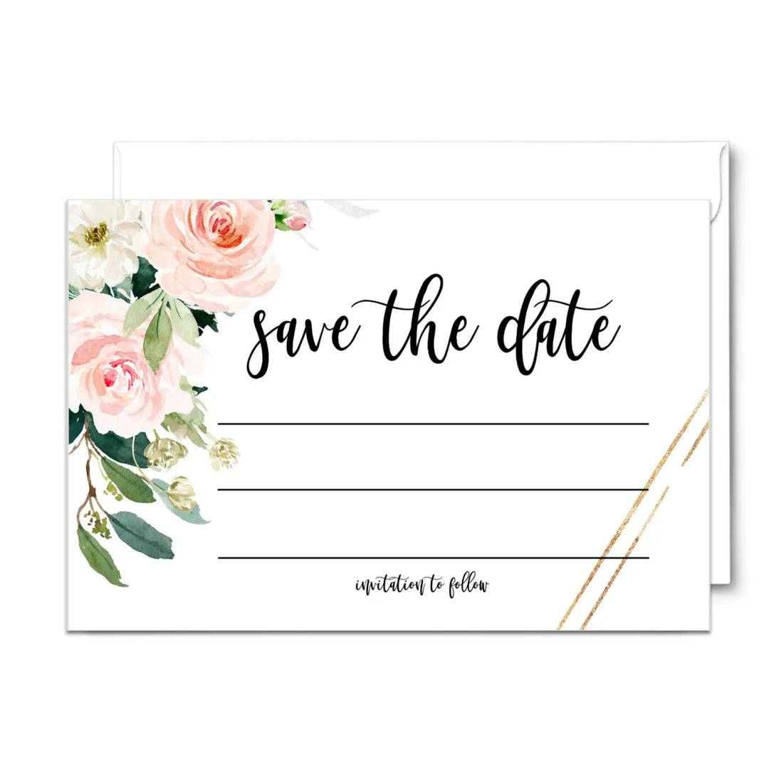Graceful Floral Save the Date Cards with Envelopes - 25 Pack - 3.5x5 All Occasion Invitation Cards in Greenery, Blush and Gold - Perfect for Wedding Invitations, Birthdays, Graduations