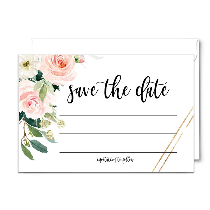Graceful Floral Save the Date Cards with Envelopes - 25 Pack - 3.5x5 All Occasion Invitation Cards in Greenery, Blush and Gold - Perfect for Wedding Invitations, Birthdays, Graduations