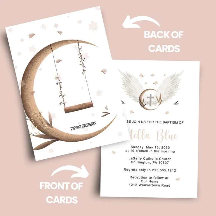 Personalized heaven sent baptism invitations - rustic 5x7 celebration of life cards - elegant angel wings design