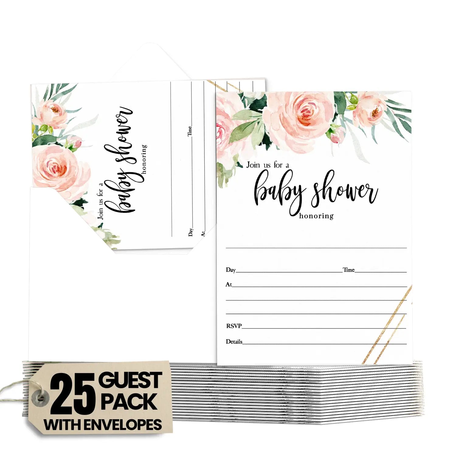 Graceful floral baby shower invitations girls blank rustic invites with envelopes diy 5x7 cards blush and greenery 25
