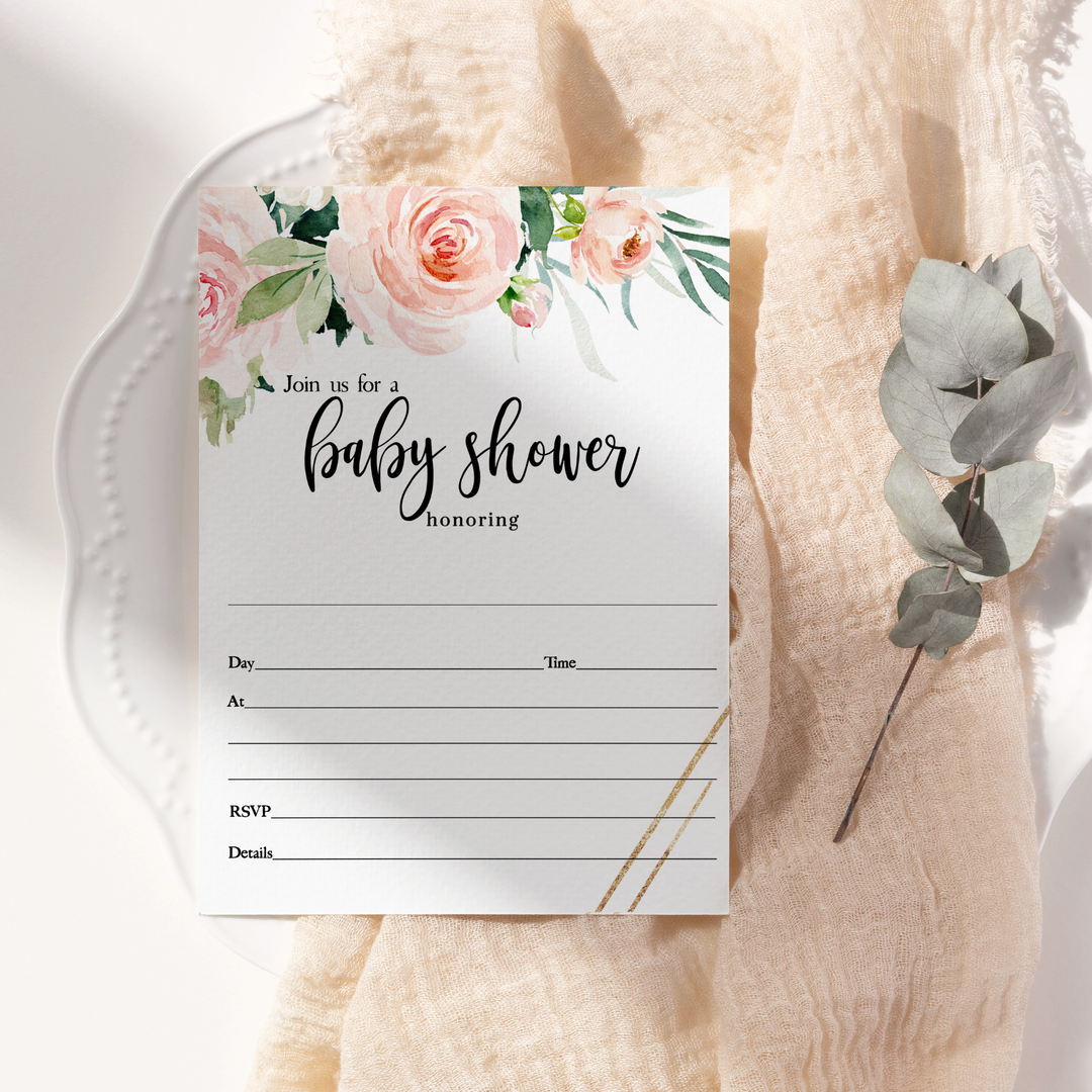 Graceful Floral Baby Shower Invitations Girls, Blank Rustic Invites with Envelopes, DIY 5x7 Cards Blush and Greenery, 25 Pack - Paper Clever Party