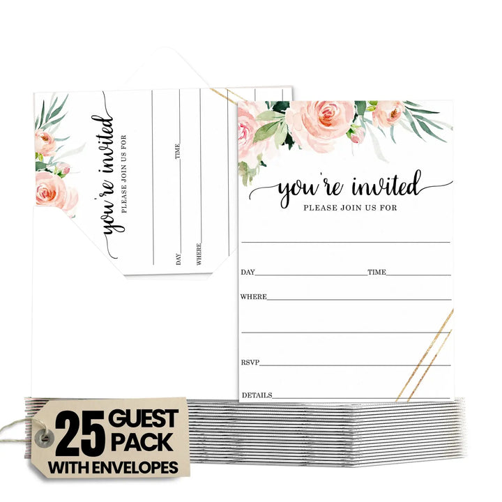 Graceful Floral Invitations with Envelopes, 25 Pack, 5x7 Blank Cards for All Occasions