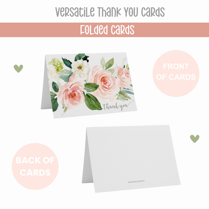 Elegant Floral Thank You Cards - Greenery Blush and Gold, 25 Notecards with Envelopes for Special Moments - Paper Clever Party