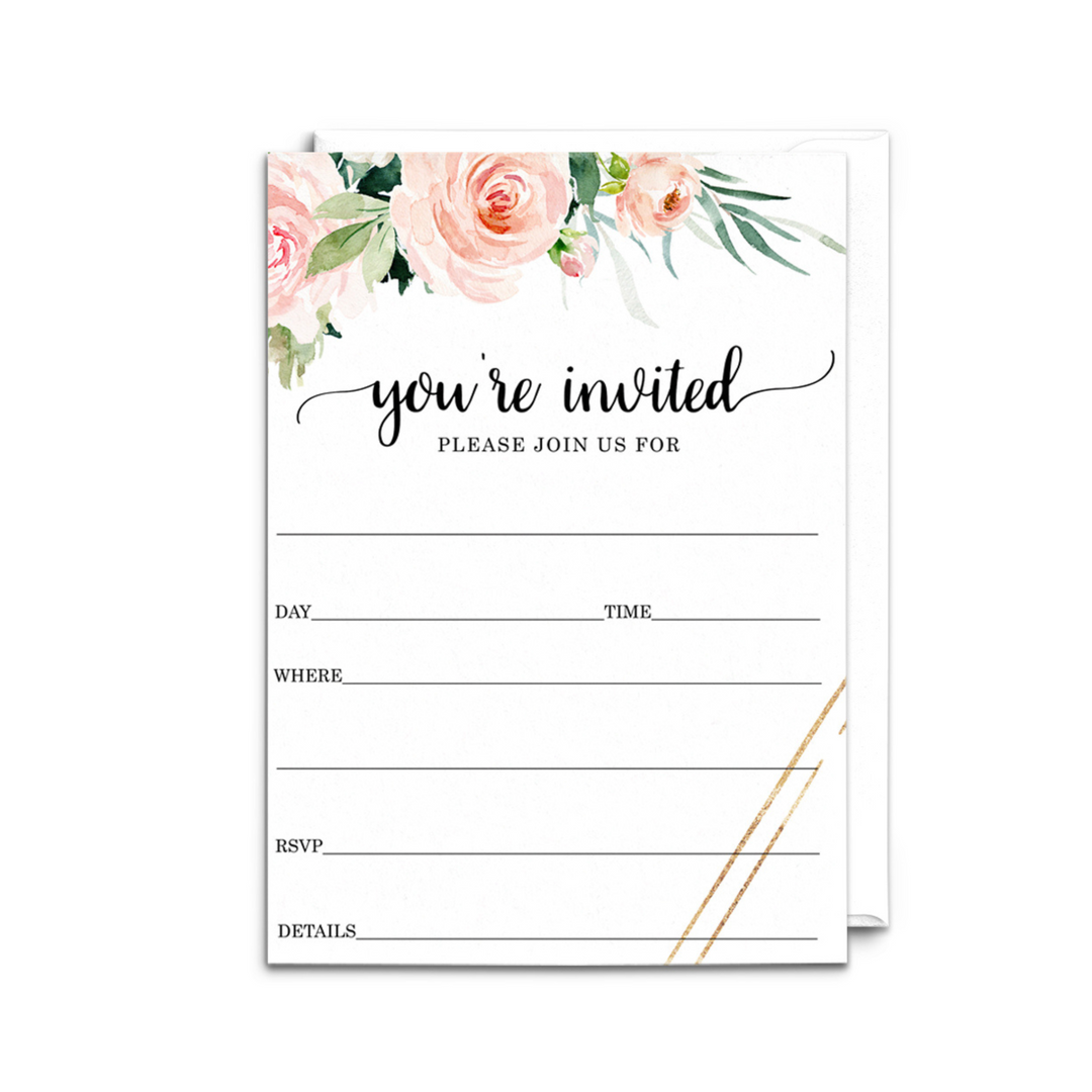 Graceful Floral Invitations with Envelopes, 25 Pack, 5x7 Blank Cards for All Occasions - Paper Clever Party