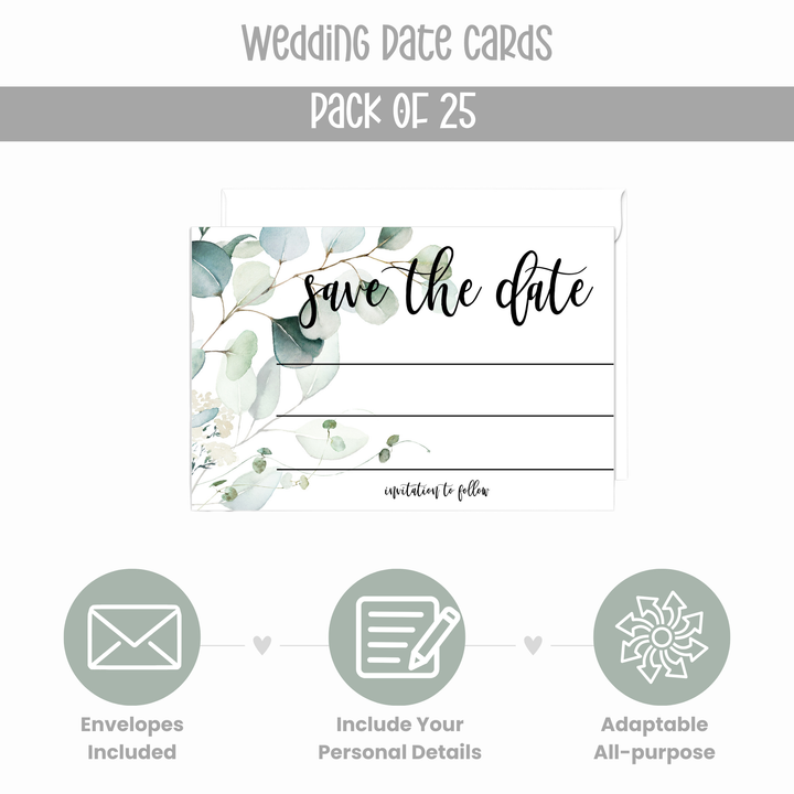 Eucalyptus Greenery Save the Date Cards (25 Pack) - Eco-Friendly Invitations with Envelopes - 3.5x5 - Paper Clever Party