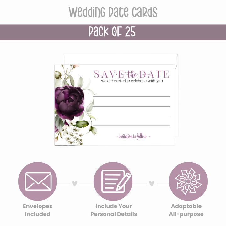 Modern Purple Floral Save the Date Cards (25 Pack) - Sophisticated Invitations with Envelopes - 3.5x5 - Paper Clever Party