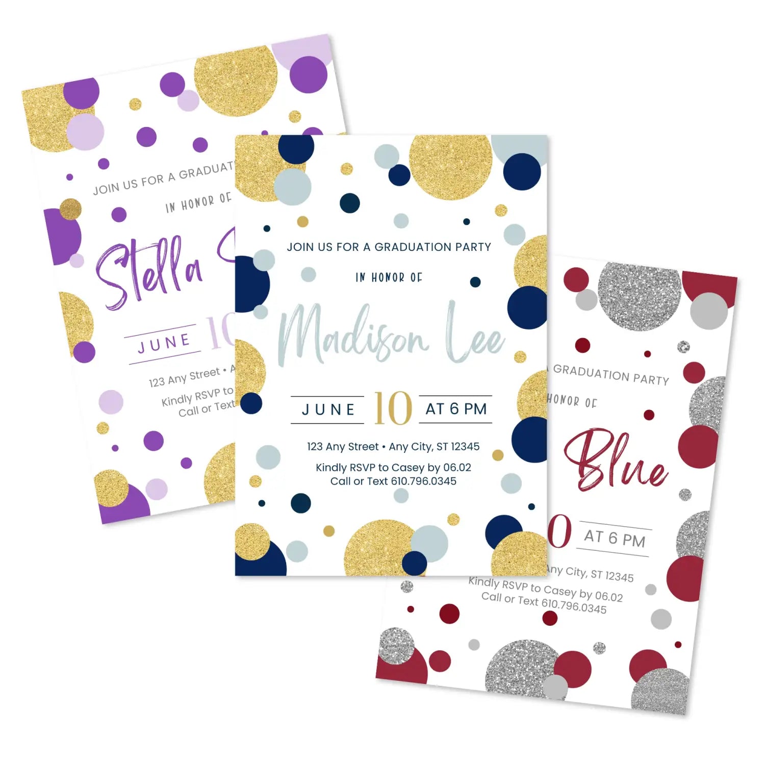 Fun & festive graduation party invitations – colorful glitter circles design for celebrations