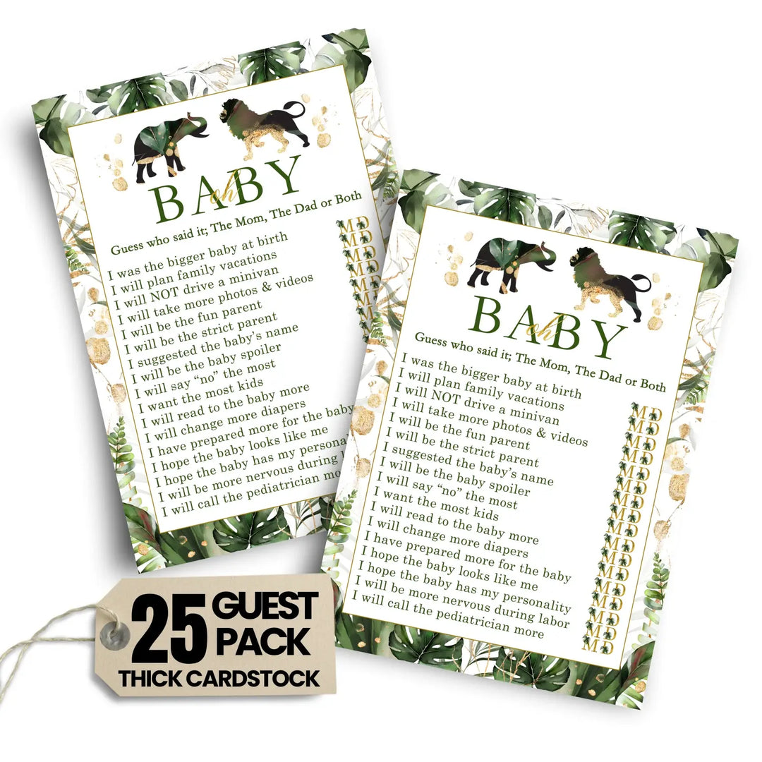 Tropical jungle baby shower game mommy or daddy - 25 pack guess who gender reveal activity cards greenery and gold