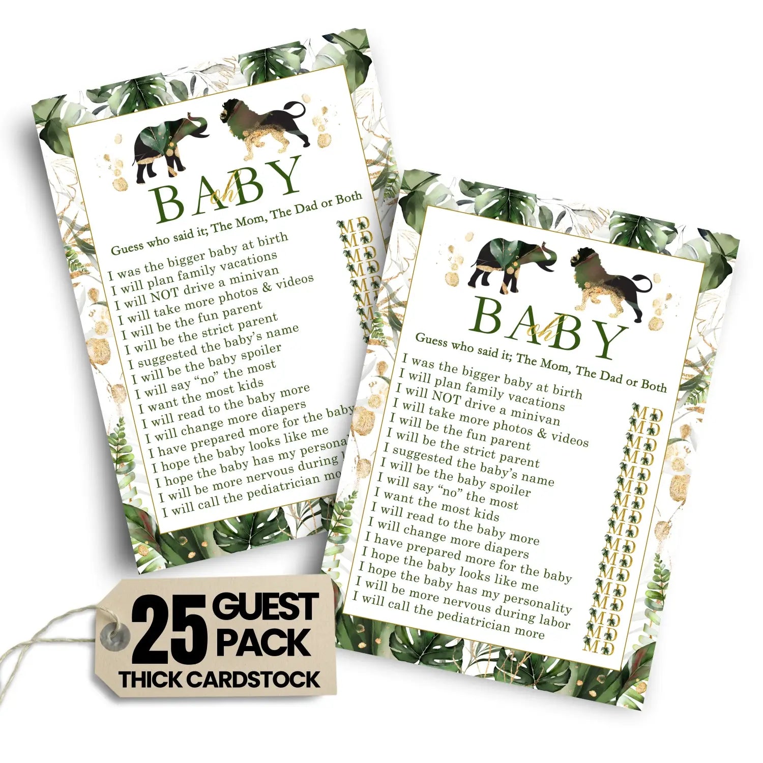 Tropical jungle baby shower game mommy or daddy - 25 pack guess who gender reveal activity cards greenery and gold