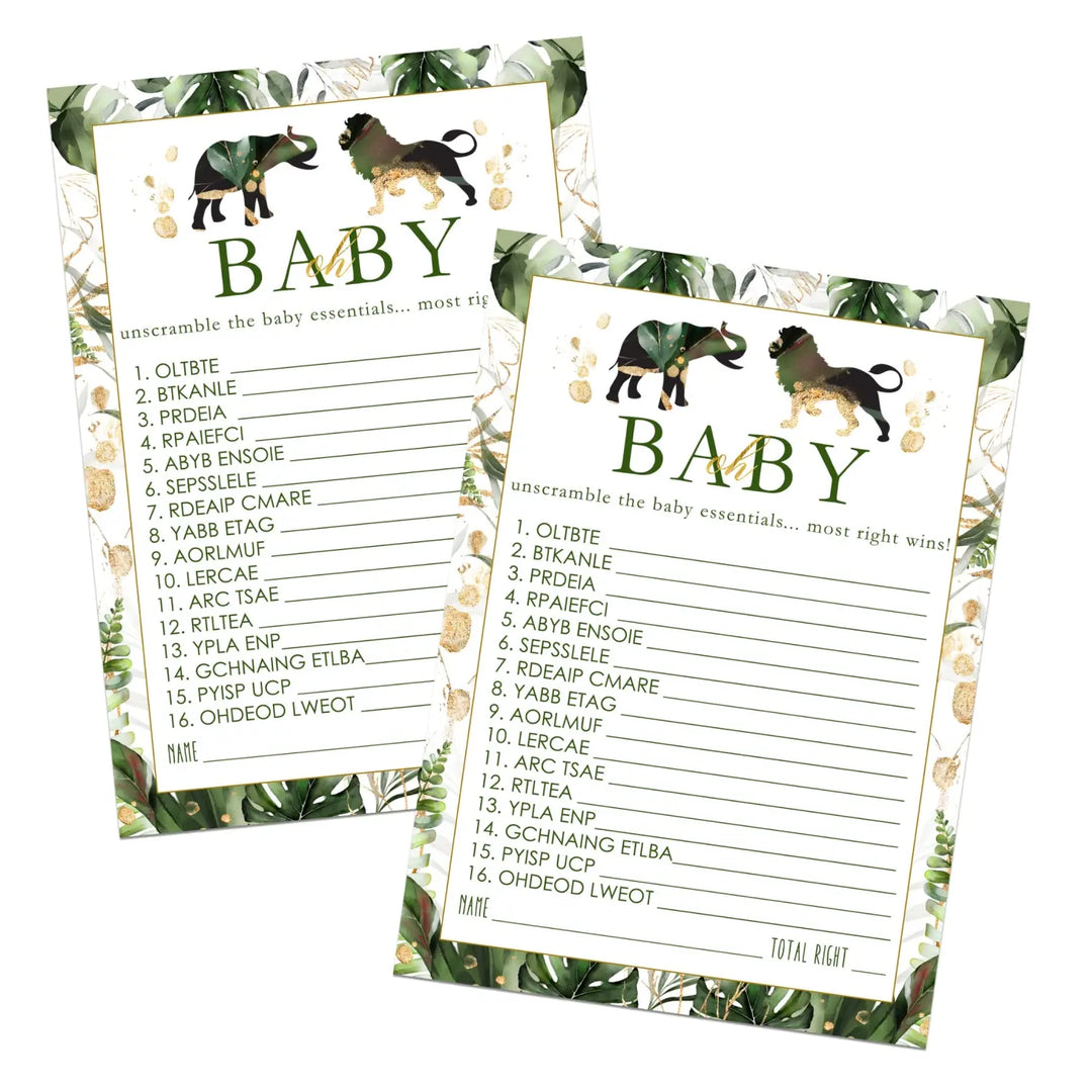 Green and Gold Baby Shower Word Scramble Game - 25 Pack, Gender Neutral Tropical Jungle Decor Ideas, Fun Unscramble Activities