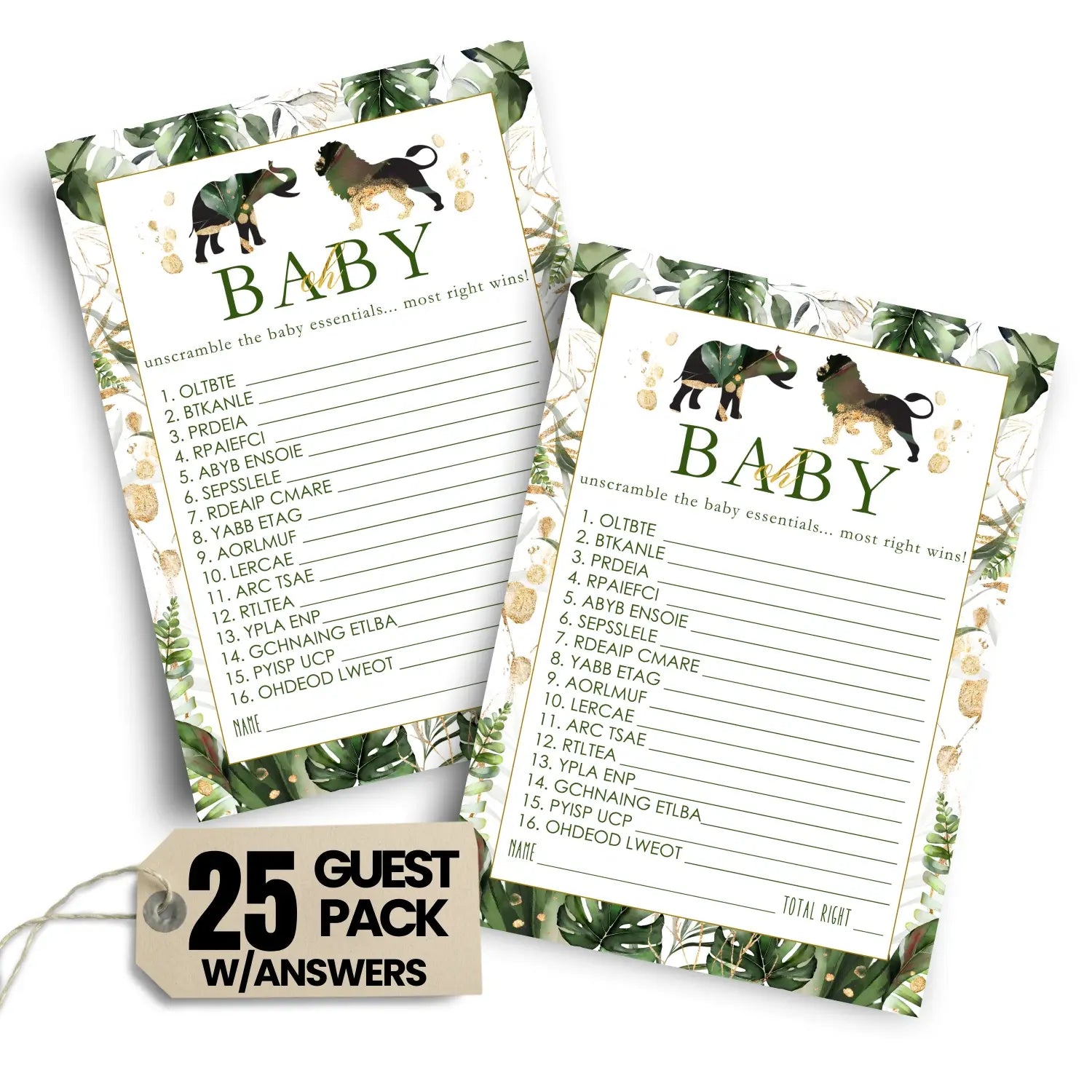 Green and gold baby shower word scramble game - 25 pack gender neutral tropical jungle decor ideas fun unscramble