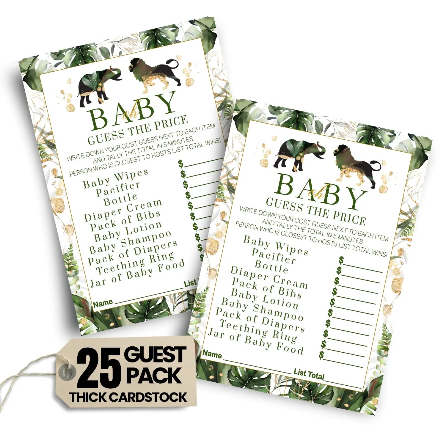 Green and gold guess the price baby shower games – 25 guests tropical jungle themed ideas neutral activities 5x7 card