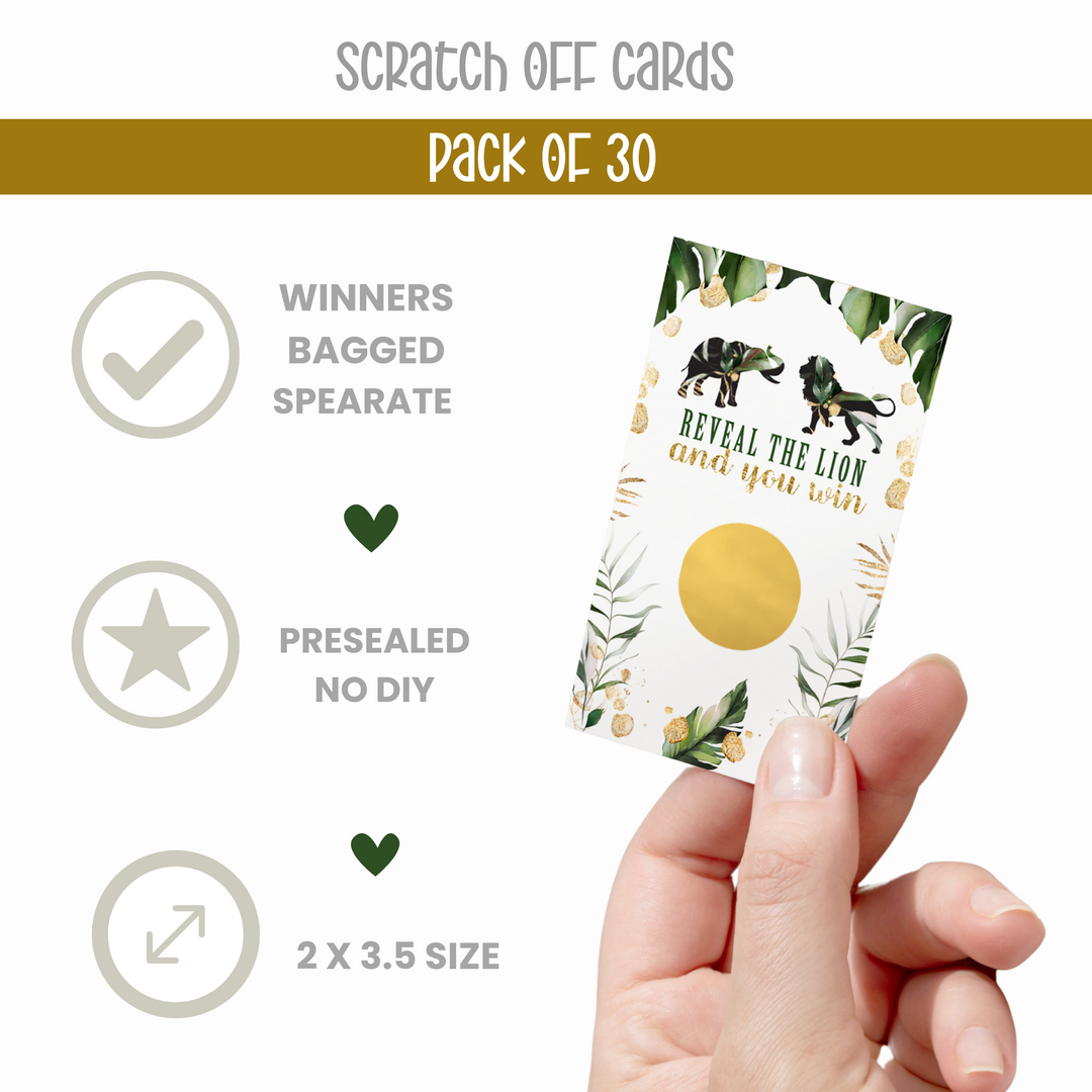 Tropical Jungle Scratch Off Game (30 Pack) - Elephant & Greenery, Gender Reveal, Royal Baby Shower Favors - Paper Clever Party