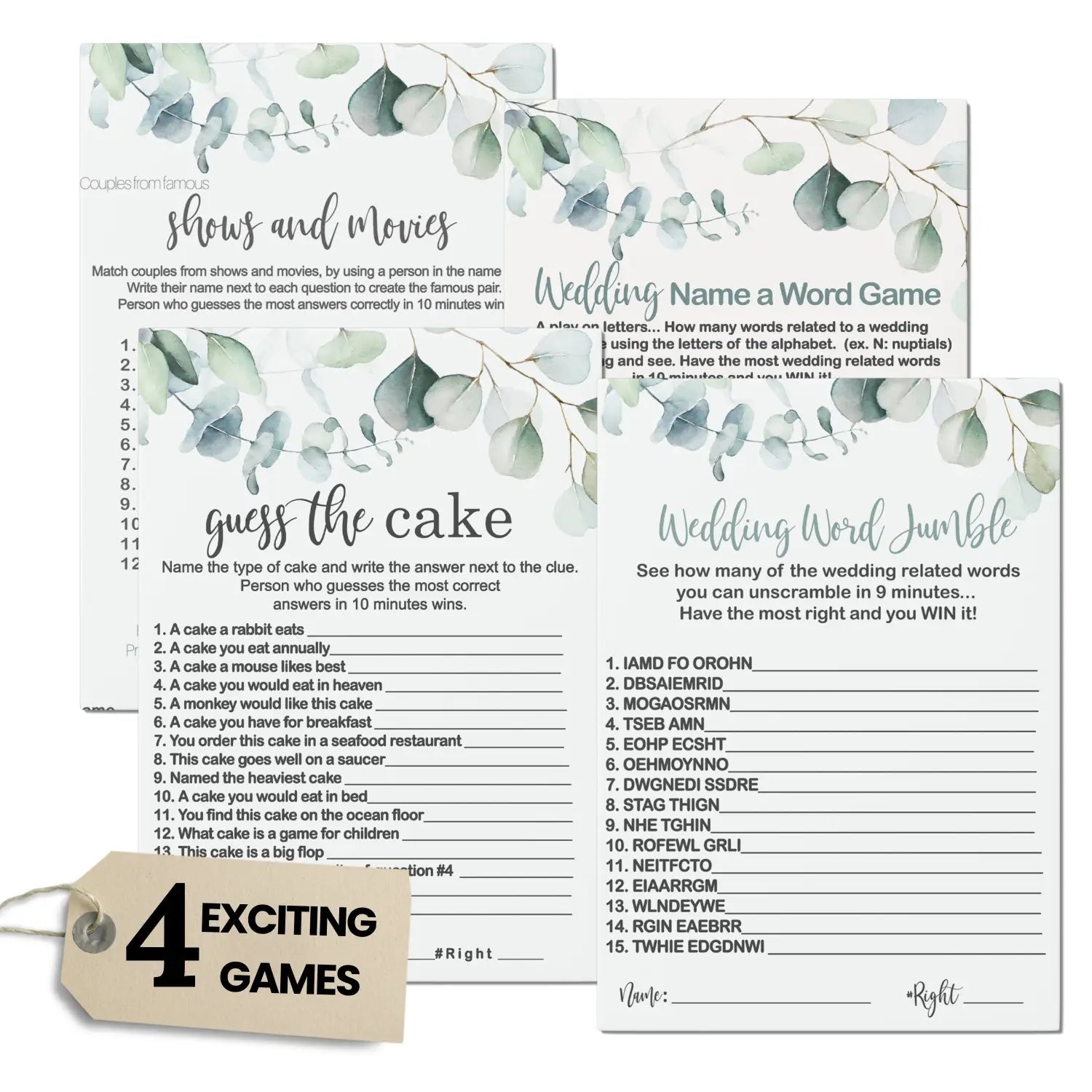Greenery bridal shower games (25 each) guess the cake word scramble famous pairs wedding name game fun activity