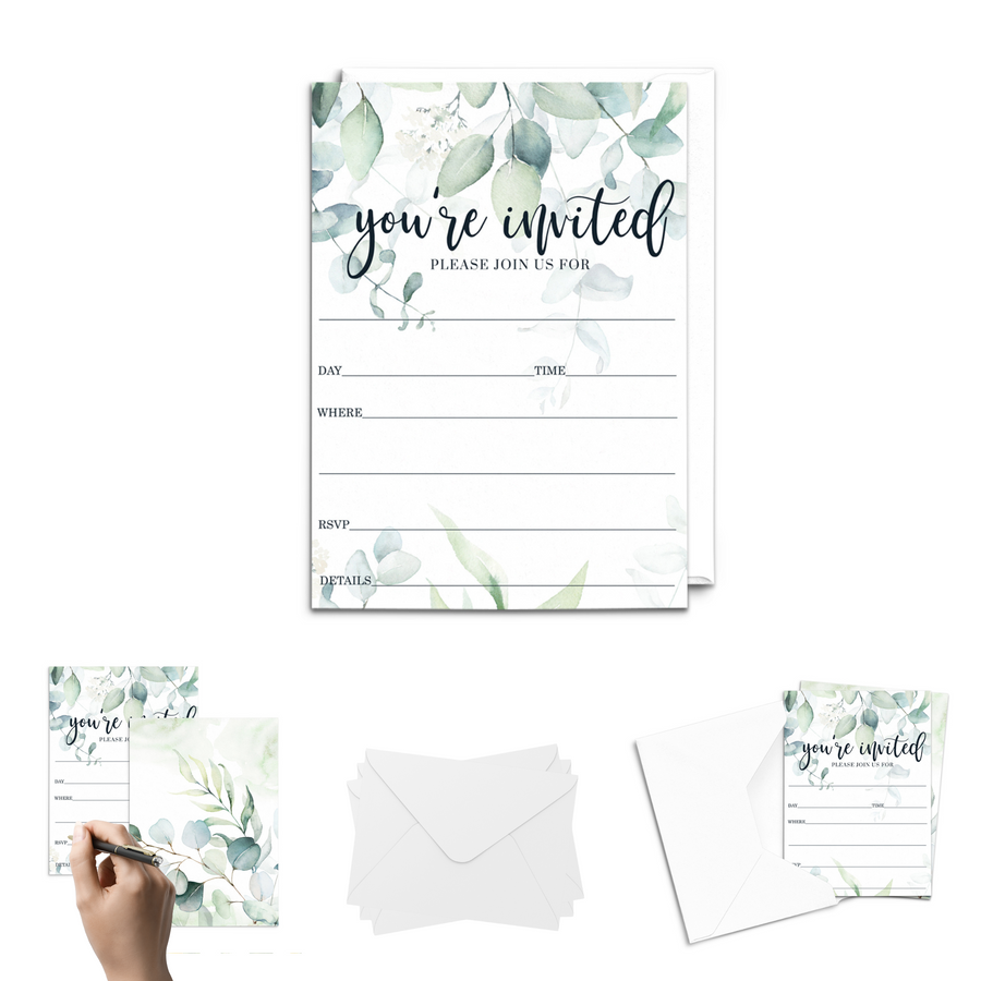 Greenery Bridal Shower Invitations with Envelopes (25 Pack) Blank Invitation for Wedding, Birthday, Engagement, Retirement, Luncheon – Rustic Theme Eucalyptus - Paper Clever Party