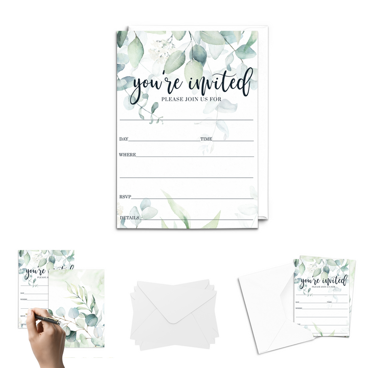 Greenery Bridal Shower Invitations with Envelopes, 25 Pack, Rustic Eucalyptus, 5x7 Blank Cards for All Occasions - Paper Clever Party