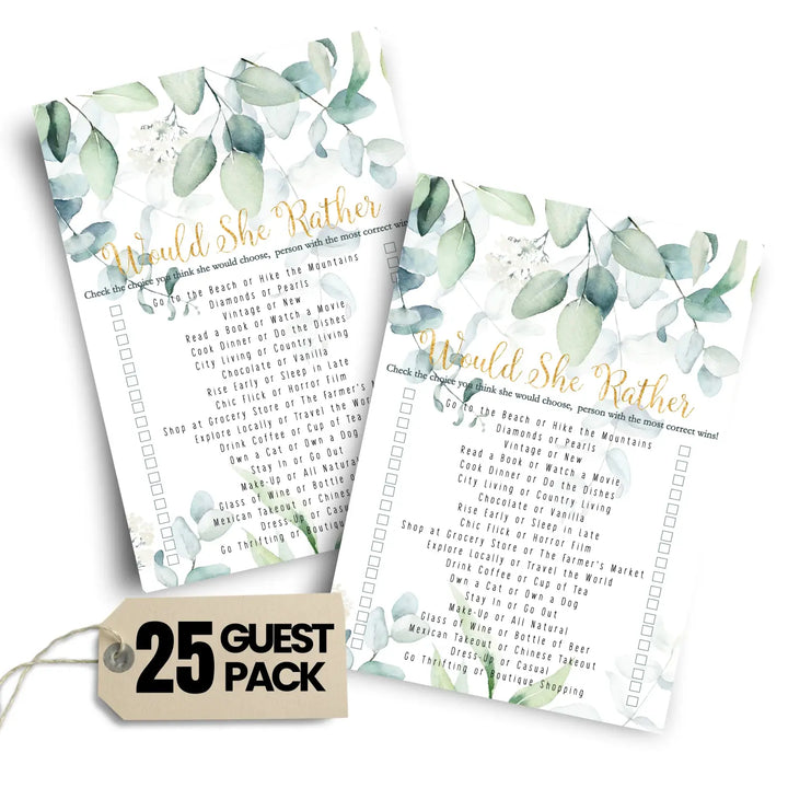 Greenery Bridal Shower Games – 25 Cards - Who Knows Bride Best Bridal Shower Game Would She Rather Wedding Reception or Birthday Girl Activity, Rustic Botanical Designs, 5x7 Pack