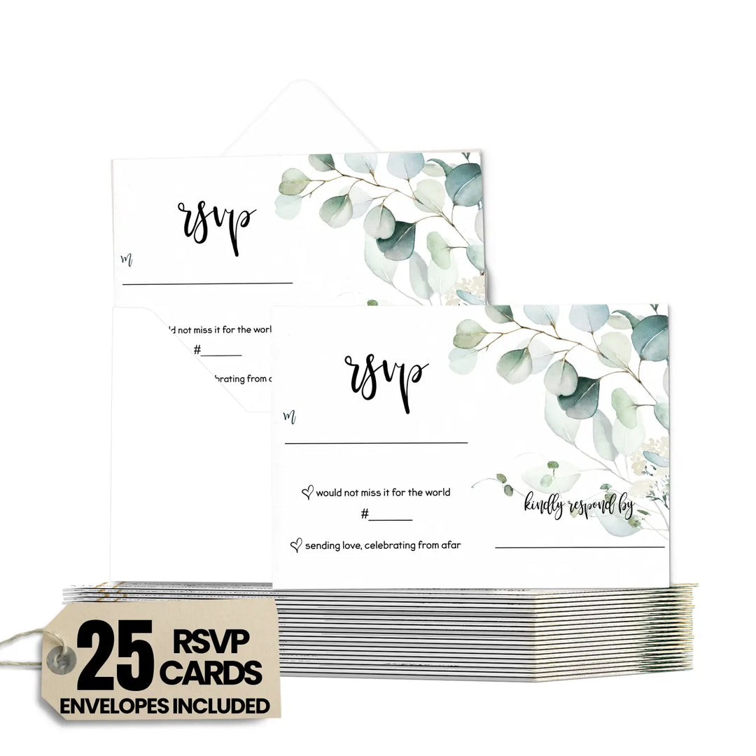 Eucalyptus Greenery RSVP Cards - Rustic Wedding Response Set, 3.5x5, Envelopes Included, 25 Pack