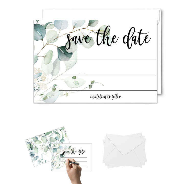 Eucalyptus Greenery Save the Date Cards (25 Pack) - Eco-Friendly Invitations with Envelopes - 3.5x5 - Paper Clever Party