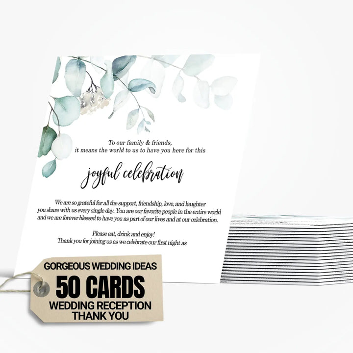 Greenery Wedding Thank You Place Cards for Reception Tables, Place Setting Favors or Decorations for Guests, 4”x4”, 50 Pack