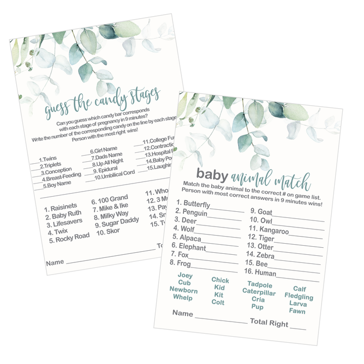 Rustic Eucalyptus Baby Shower Game Bundle, 5x7 Cards (25 ct) - Paper Clever Party