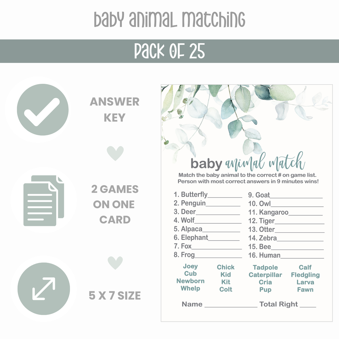 Rustic Eucalyptus Baby Shower Game Bundle, 5x7 Cards (25 ct) - Paper Clever Party