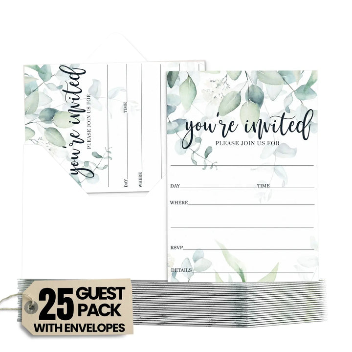 Greenery Bridal Shower Invitations with Envelopes, 25 Pack, Rustic Eucalyptus, 5x7 Blank Cards for All Occasions