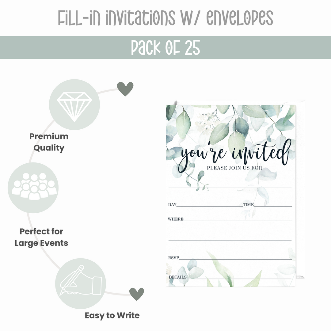 Greenery Bridal Shower Invitations with Envelopes, 25 Pack, Rustic Eucalyptus, 5x7 Blank Cards for All Occasions - Paper Clever Party