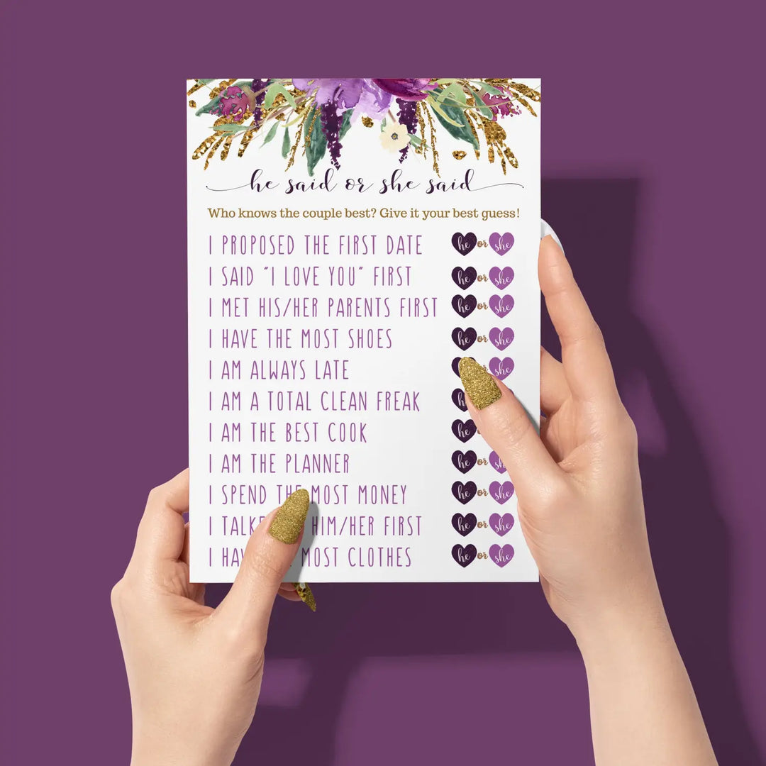 Purple Bridal Shower Games - 25 Cards - He Said or She Said Bridal Shower Game, What Did the Bride and Groom Say Guess Who Wedding Activity - Engagement, Rehearsal Dinner, Modern Floral Design