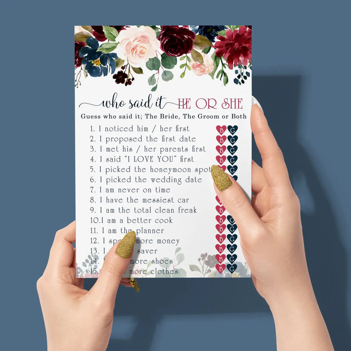 Blue Floral Bridal Shower Games - 25 Cards - He Said She Said Bridal Shower Game, What Did the Bride and Groom Say Guess Who Wedding Activity - Engagement, Rehearsal Dinner, Rustic Burgundy Design