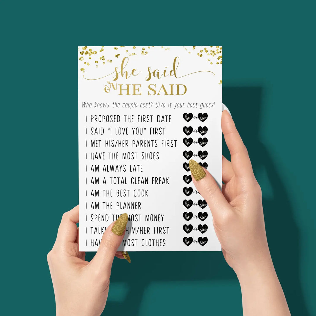 Black and Gold Bridal Shower Games - 25 Cards - He Said She Said Bridal Shower Game, What Did the Bride and Groom Say Guess Who Wedding Activity - Engagement, Rehearsal Dinner, Modern Design