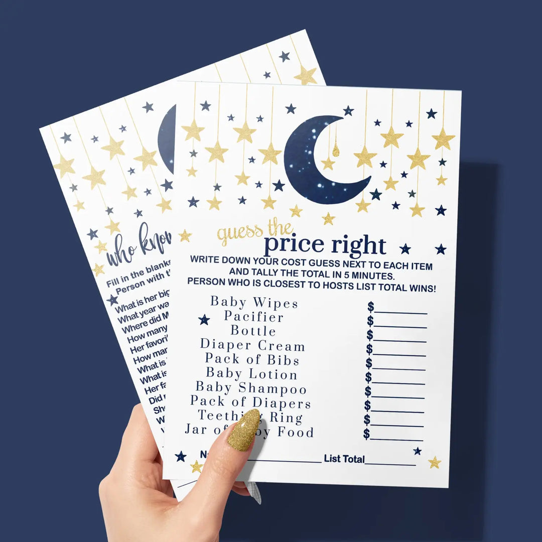 Navy & Gold Twinkle Little Star Baby Shower Game Set, Over or Under and Guess the Price Right