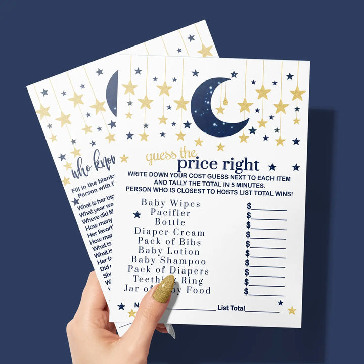 Navy & Gold Twinkle Little Star Baby Shower Game Set, Over or Under and Guess the Price Right
