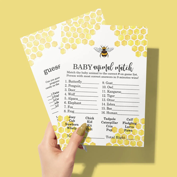 Mama Bee Baby Shower Game Set with Animal Match and Candy Bar Guessing, Yellow & Black, 5x7 Cards (25 ct)