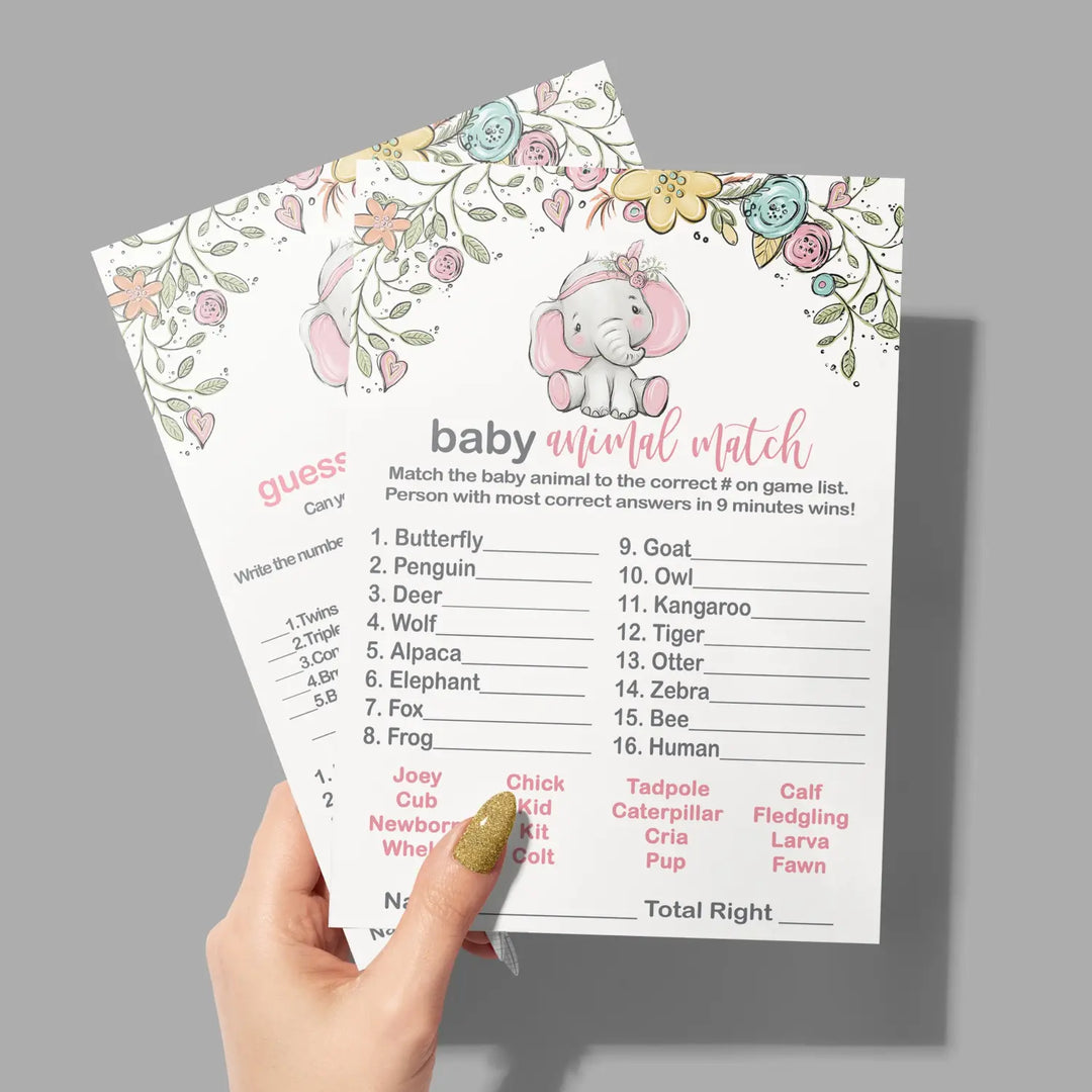 Cottage Elephant Baby Shower Game Set, Pink Floral, Animal Matching and Candy Bar Match