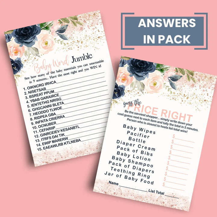 Pink Baby Shower Games for Girl - 25 Baby Shower Activities for Guests, Include Word Scramble, Guess the Price, Baby Name Race and Who Knows Mommy Best, Rustic Floral Theme, Double-Sided 5x7 Cards