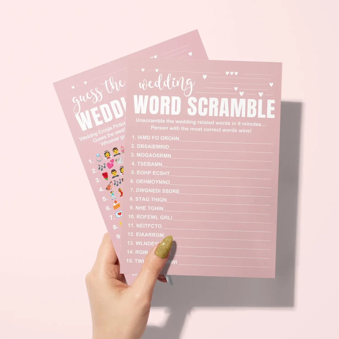 Pink Bridal Shower Games (25 Each) Wedding Song Pictionary and Word Scramble Fun Guess Activity for Guests Engagement Party, Rehearsal Dinner, Minimalist Design Double-Sided Cards, Bundle