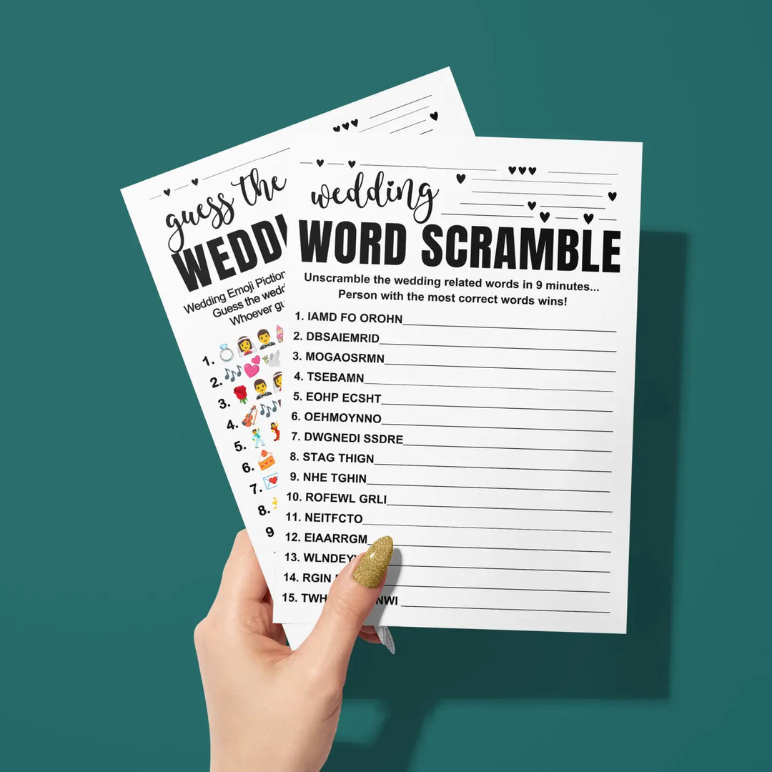 Black and White Bridal Shower Games (25 Each) Wedding Song Pictionary and Word Scramble Fun Guess Activity for Guests Engagement Party, Rehearsal Dinner, Minimalist Design Double-Sided Cards, Bundle