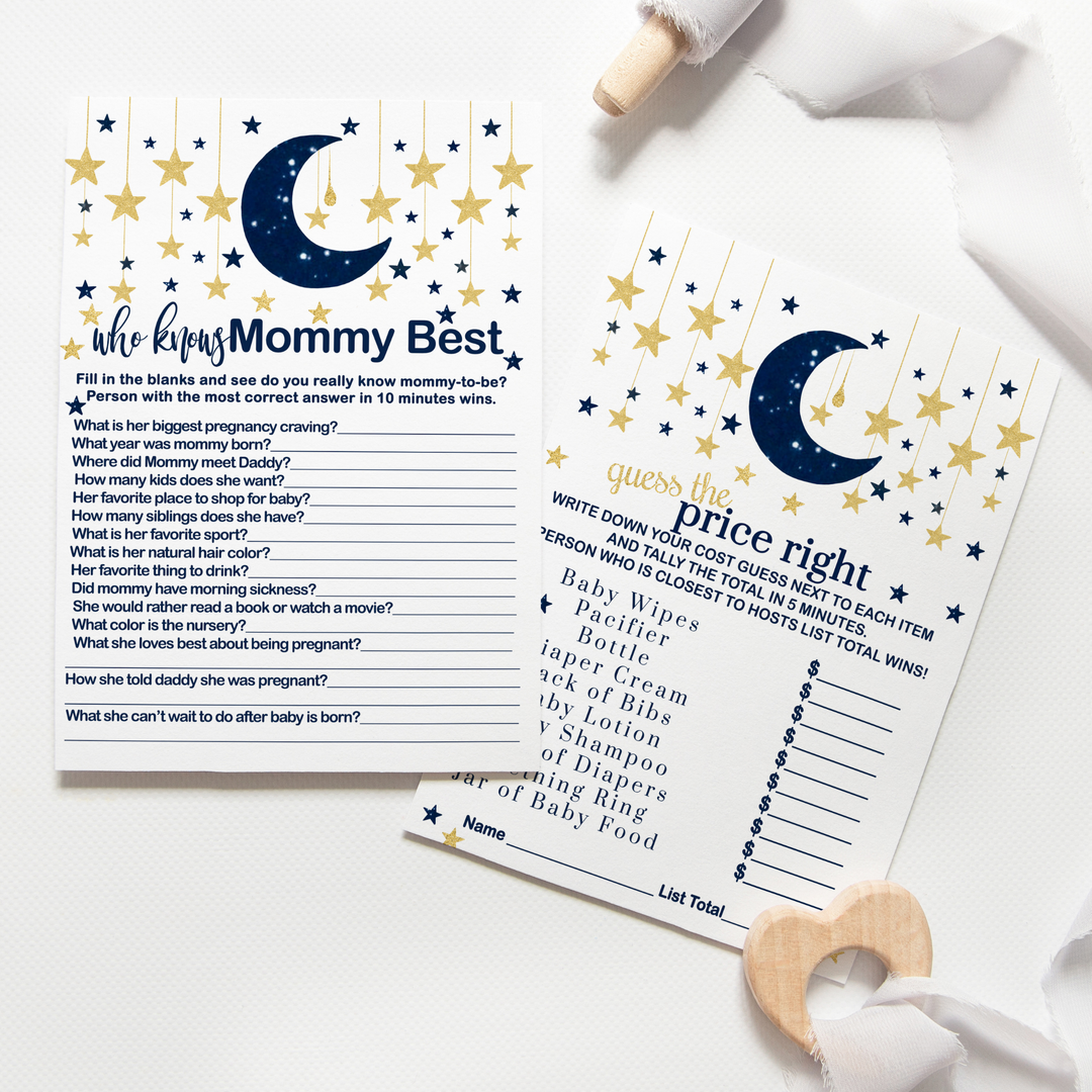 Navy & Gold Twinkle Little Star Baby Shower Game Set, Over or Under and Guess the Price Right - Paper Clever Party