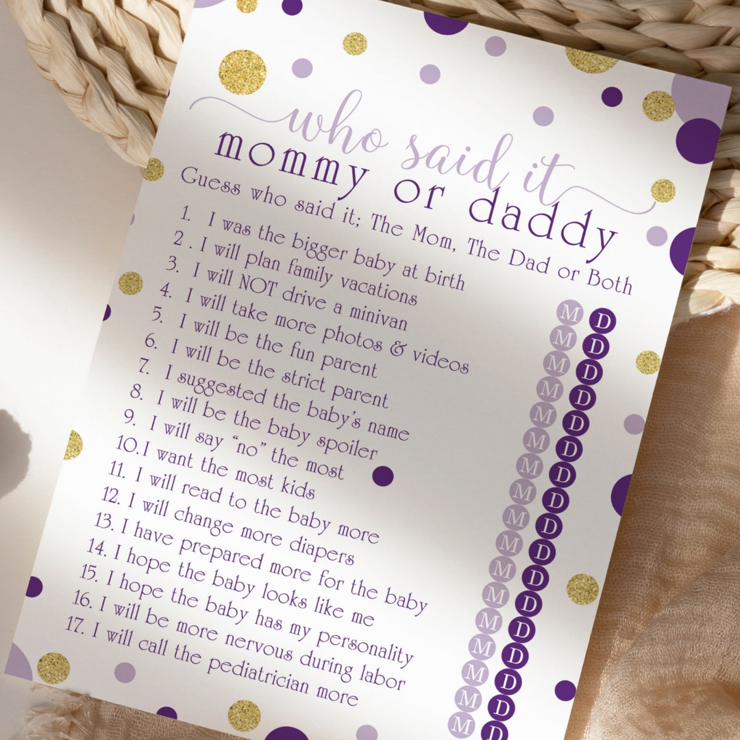 Purple and Gold Baby Shower Game 25 Guest Pack - Paper Clever Party